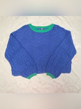 Free People Periwinkle Blue Open-Knit Crewneck Sweater with Green Trim NWT